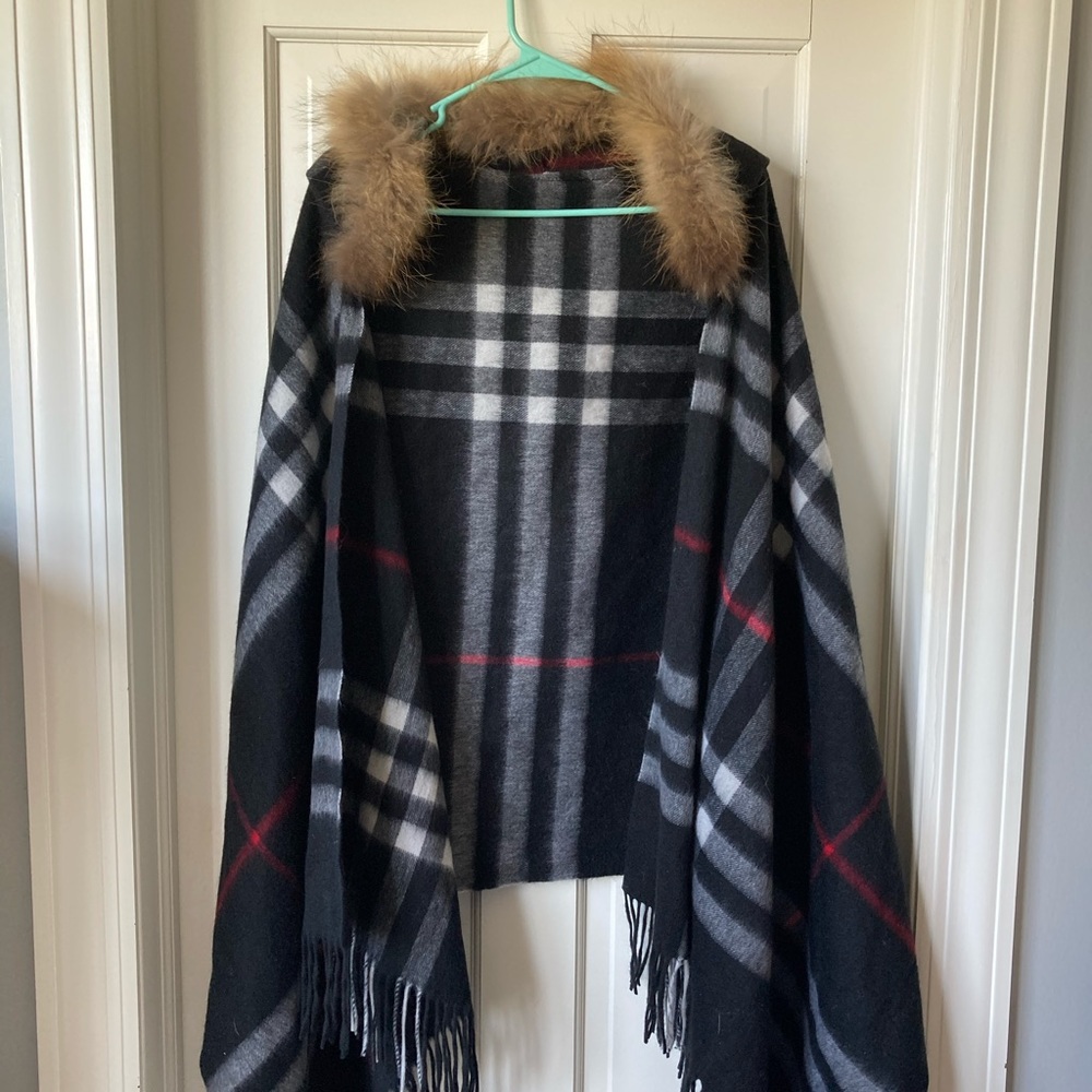 Fur hooded plaid cape